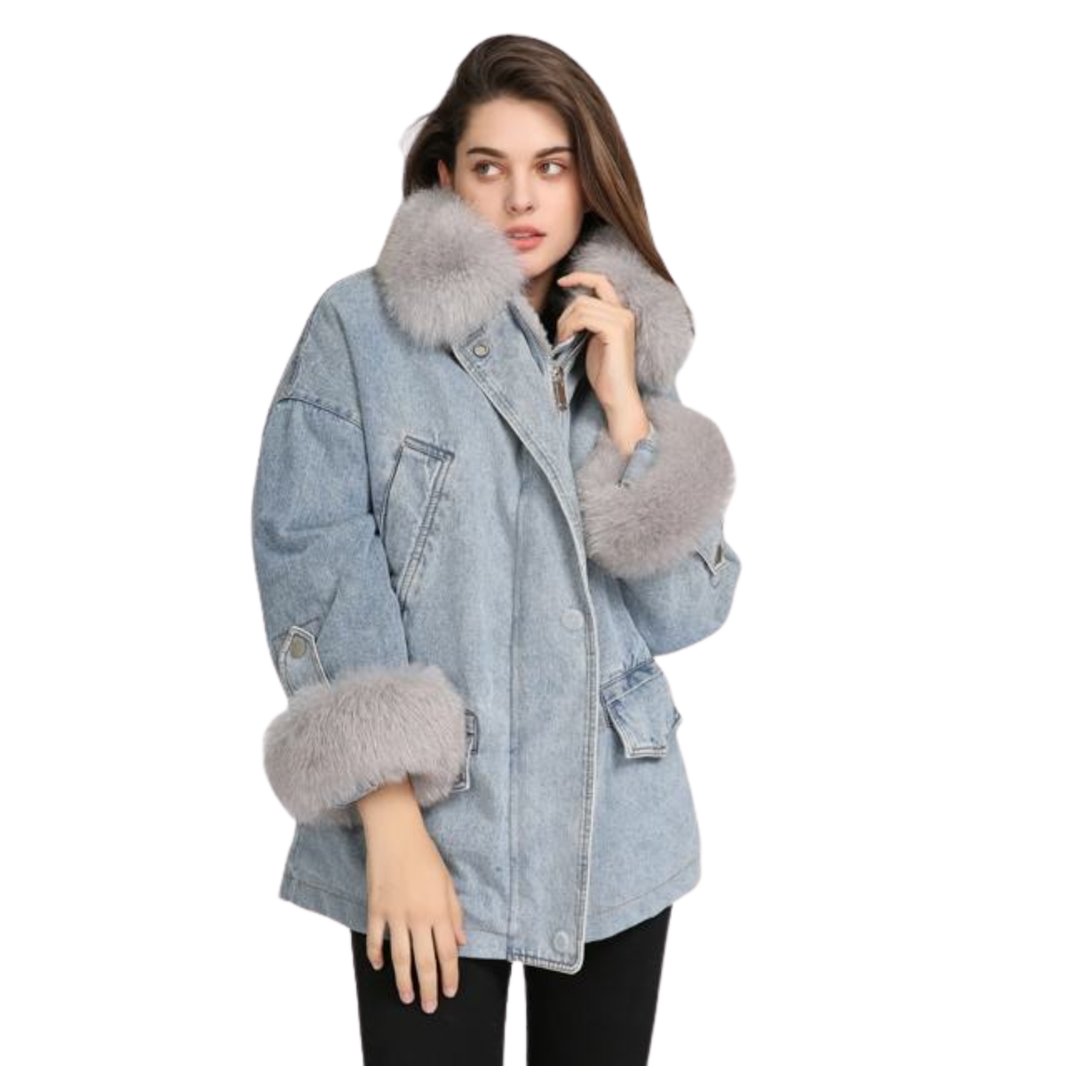 Denim and Duds Women’s Blue Denim Jacket with Fur Collar and Cuffs